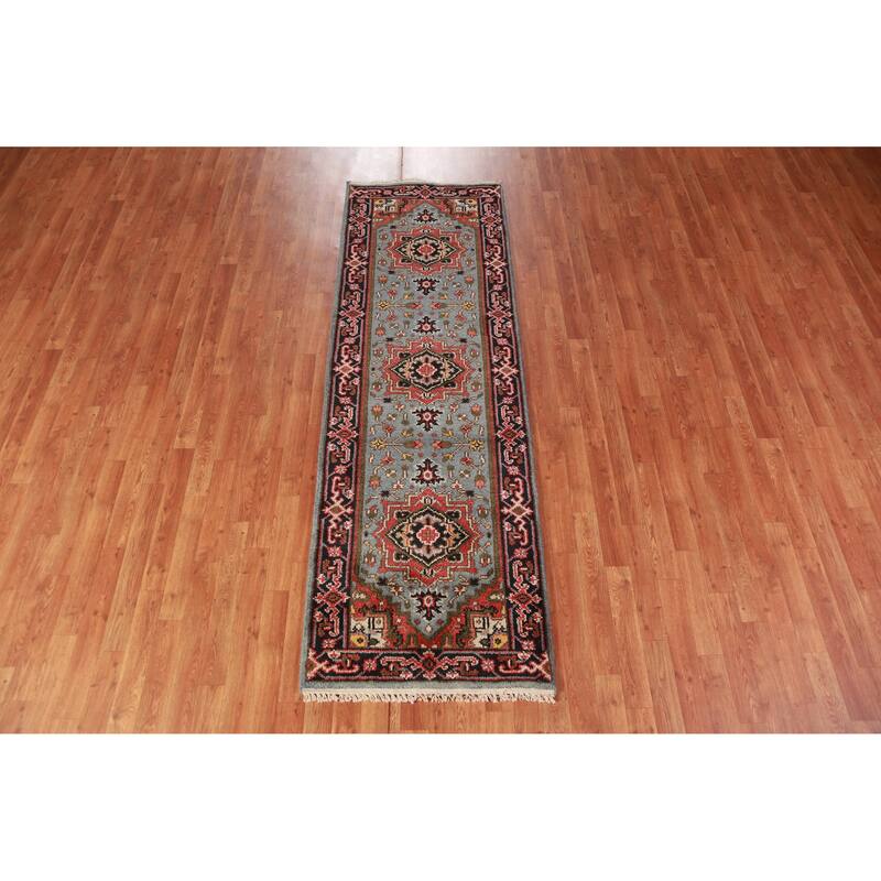 Hand Knotted Oriental 100% Wool Carpet Traditional Geometric Navy Blue & Blues Heriz (serapi) Runner Rug - 7' 11'' X 2' 7''