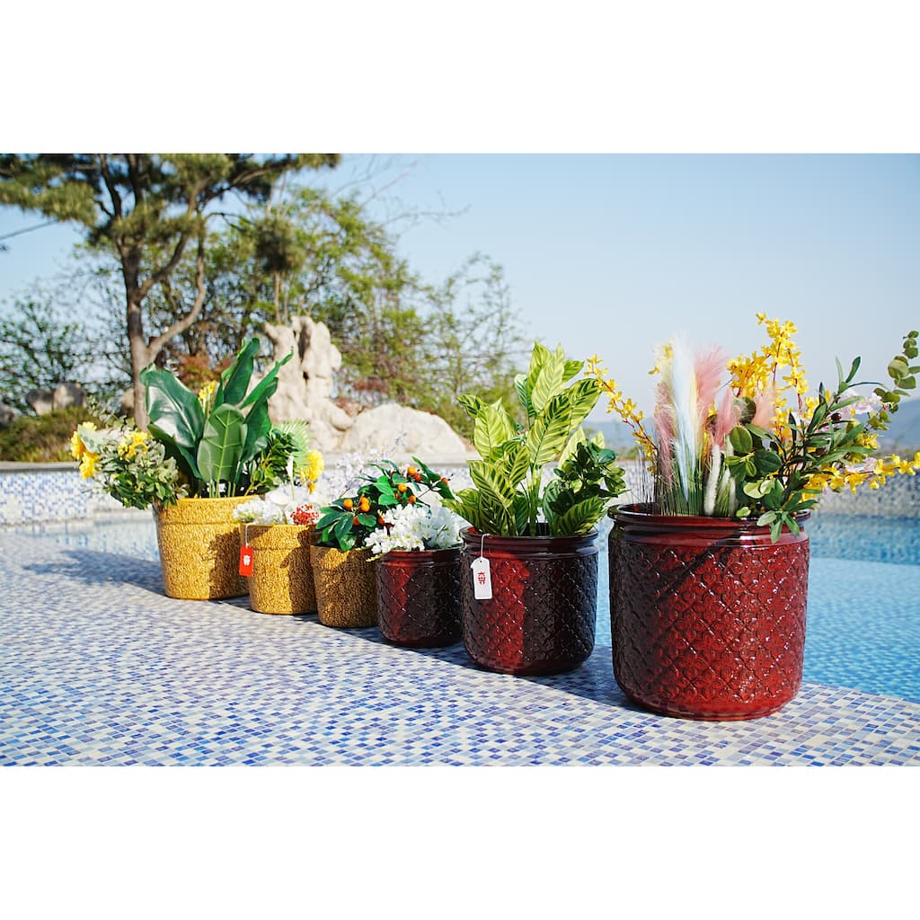 Set of 3 Antique Black Ceramic Planters 15 Inch Square Outdoor Garden Pots with Drainage Hole Weather Resistant"