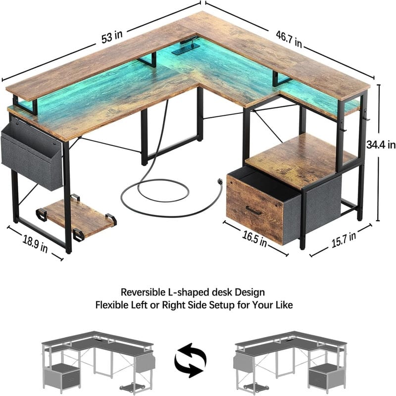 L Shaped Desk with Power Outlet and LED Strip