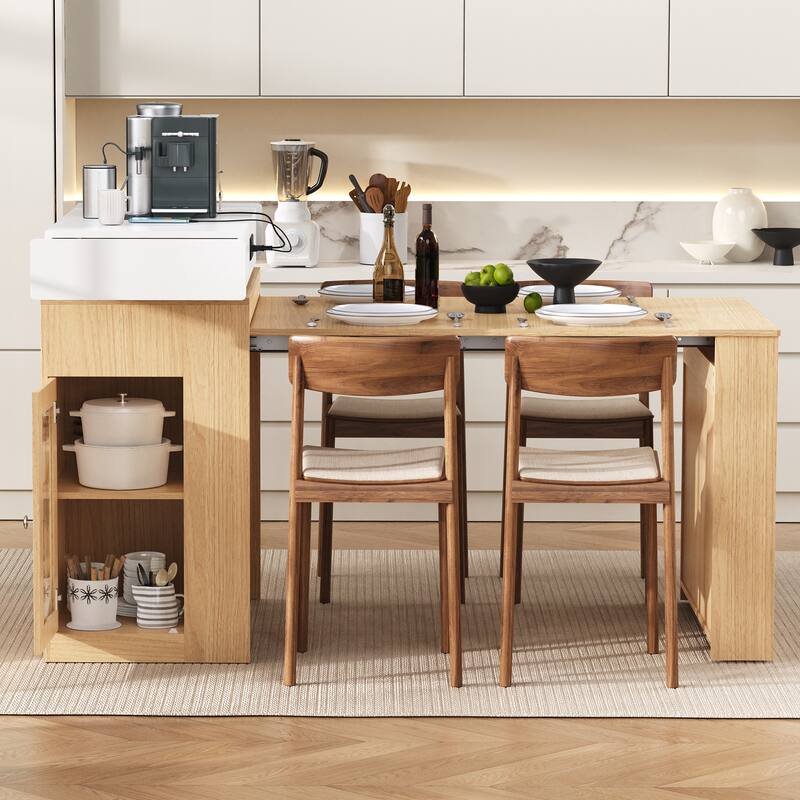 Extendable Kitchen Island Dining Table with Power Outlet, Rolling Sideboard with Folding Tabletop & Drawers