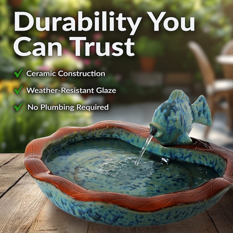 Sunnydaze Glazed Ceramic Fish Outdoor Water Fountain Garden Decor - 7-Inch