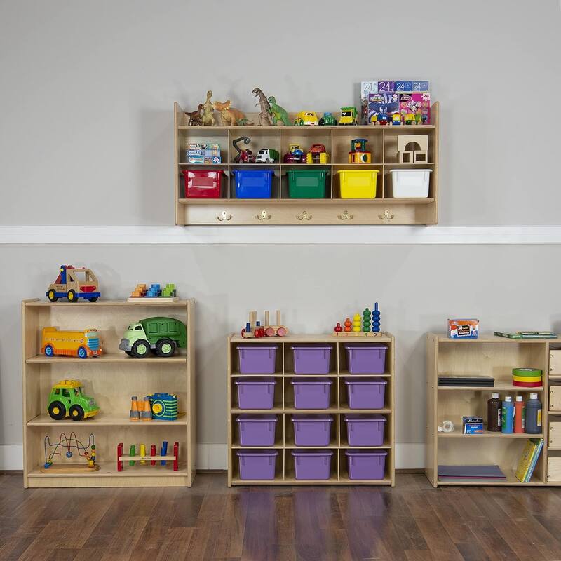 Contender 12 Compartment Kids Cube Locker Shelf with Purple Bins, Montessori Shelves Organizers Daycare [Fully Assembled]