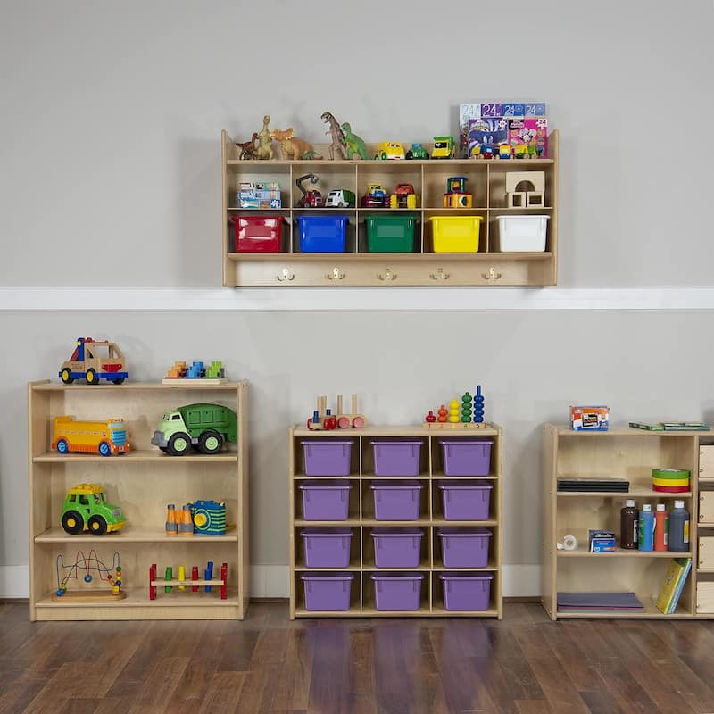 Wood Designs Birch 12 Cubby Storage Cabinet with Purple Tubs, Kids Montessori Organizers for Classroom, Kindergarten - 30"