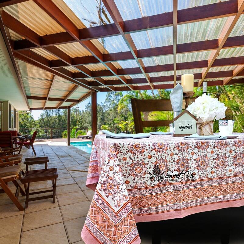 Cotton Pristine Floral Diamonds Tablecloth Rectangle - 60 x 90 in - Peach