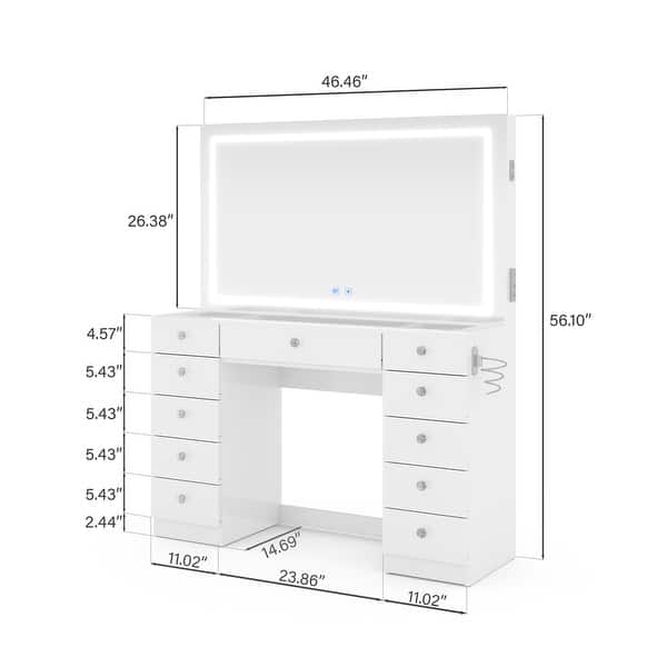 Makeup Vanity Desk w/ Free Black Storage Stool, Full-Width, Dimmable LED Mirror, Bluetooth, 11 Drawers