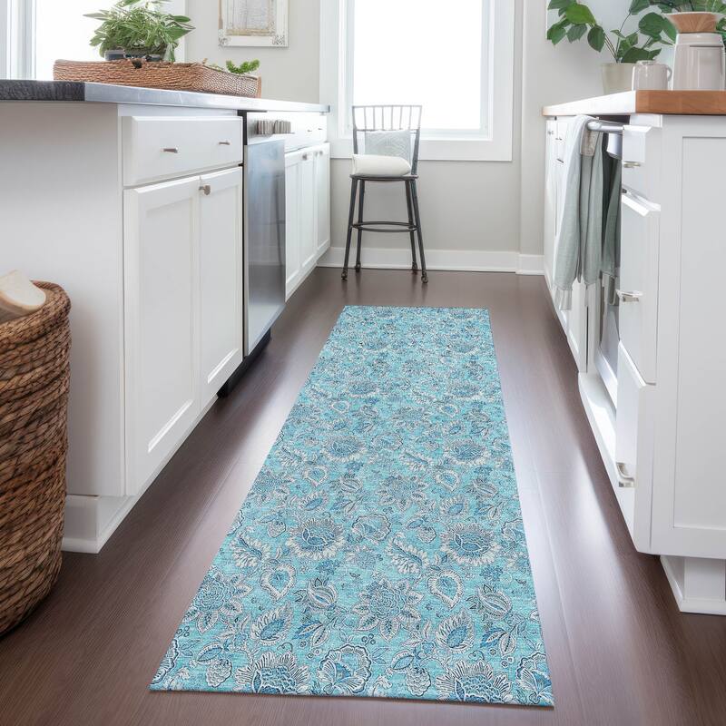 Machine Washable Indoor/ Outdoor Chantille Floral Farmhouse Rug - Aqua - 2'3" x 7'6"