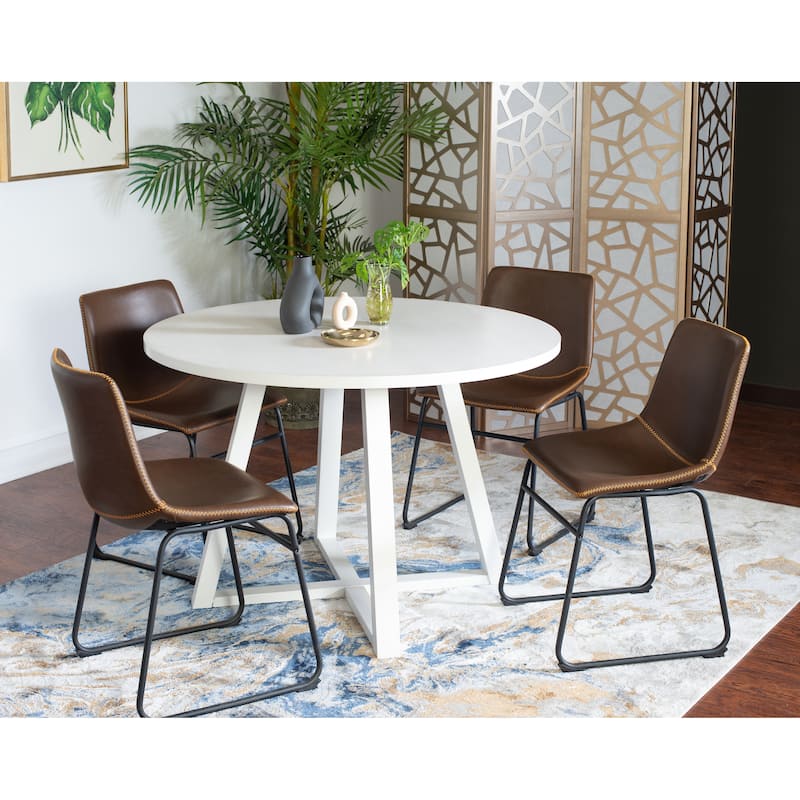 5 Pieces Round Dining Table Set with 4 Stylish Chairs and Trestle Table Legs, Decorative Kitchen & Dining Furniture - White+Browm