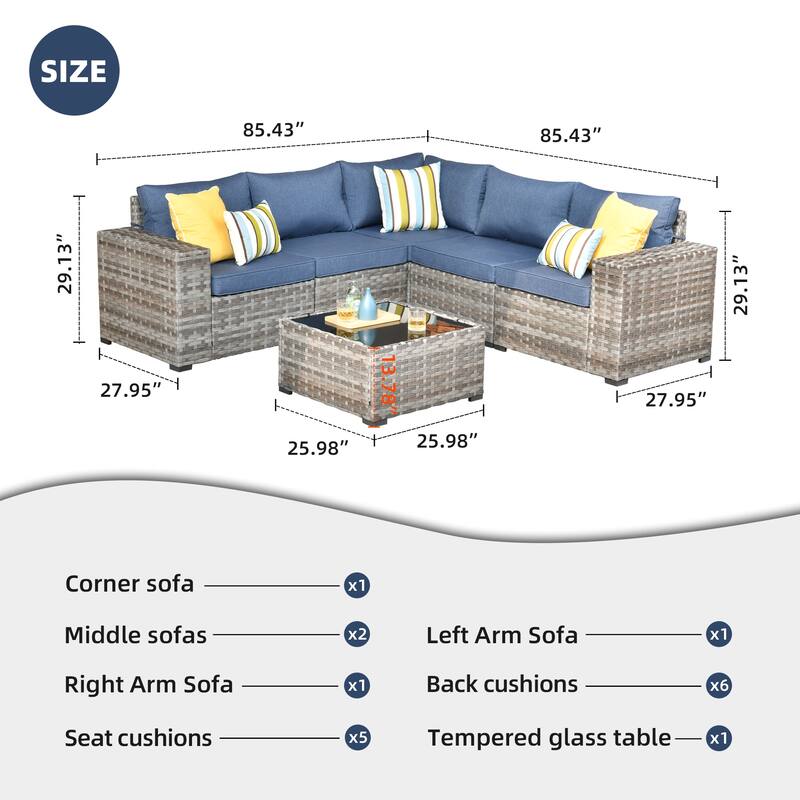 OVIOS Patio Wicker Furniture Wide Arm 6-piece Set with Table