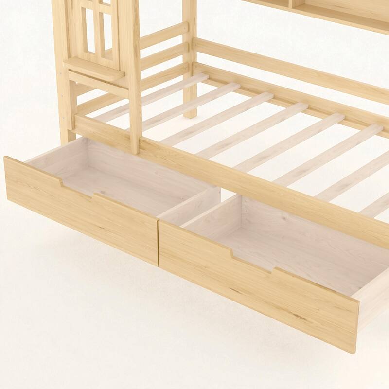 Twin/Full Size Wooden House Bed with Drawers and Shelves, Kids Platform Bed Frame with Window Roof Design