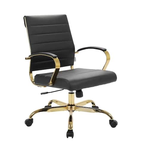 LeisureMod Benmar Mid-Back Swivel Leather Office Chair With Gold Base