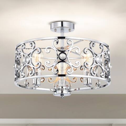 Theofy 18 Inch Glam-Modern Drum Shade Semi Flush Mount 3-Light