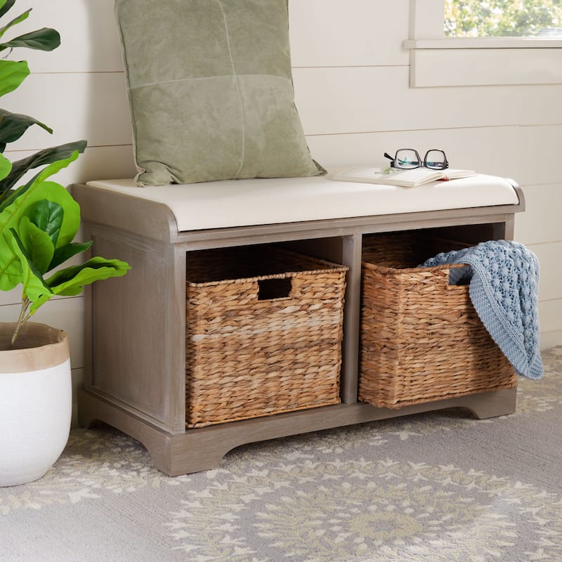 SAFAVIEH Euphemia Brown Woven Storage Basket Bench - 33.5" x 16.1" x 19.9" - 34Wx16Dx20H - White Wash