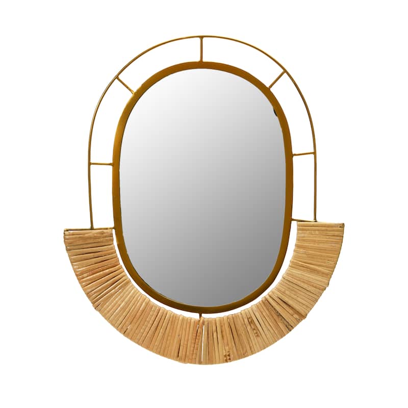 Oval Modern Boho Metal and Cane Framed Wall Mirror - 17.0"L x 0.5"W x 19.5"H - Natural - 17.0"L x 0.5"W x 19.5"H