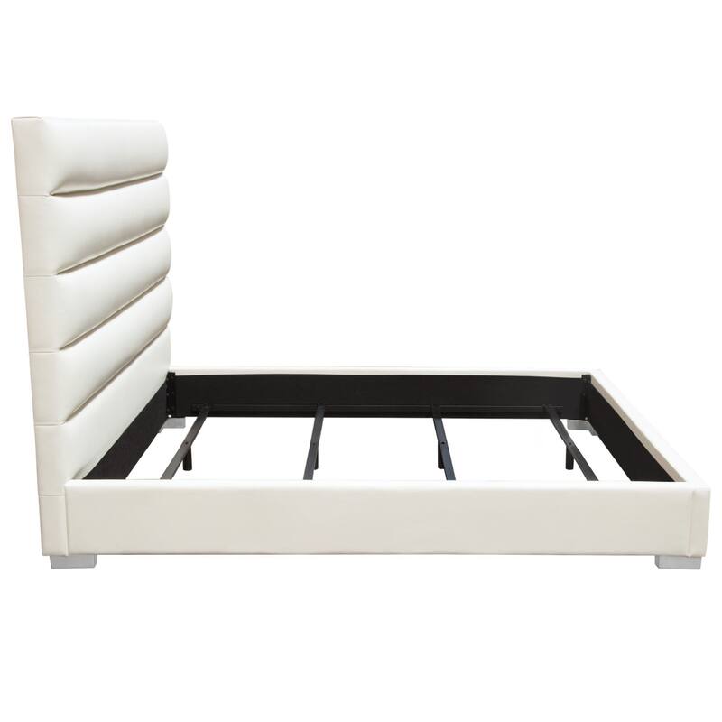 Hela Queen Size Bed, Channel Tufted White Faux Leather Upholstery