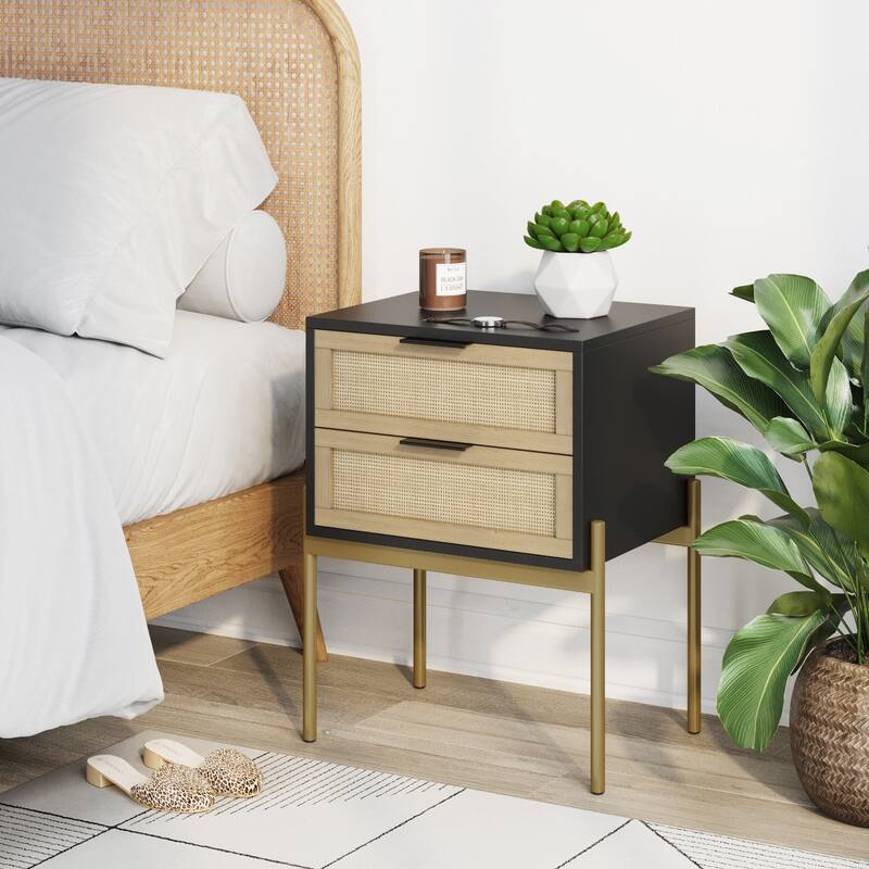 Nathan James Andrew Rattan End Side Table Storage Doors Gold Accents