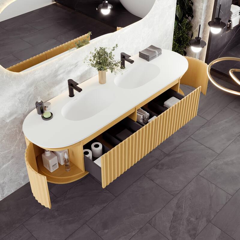 Haven 71"W Oak DS Wallmount Bath Vanity with Integrated Sinks