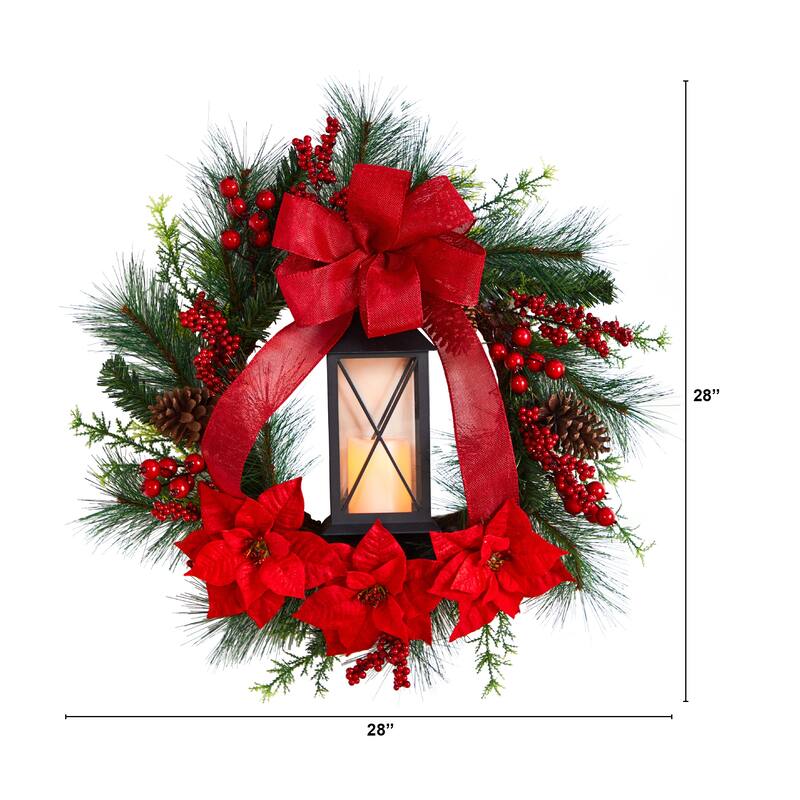 Pre-lit Poinsettia and Berry Artificial Christmas Wreath with Lantern, 28-Inch - Red