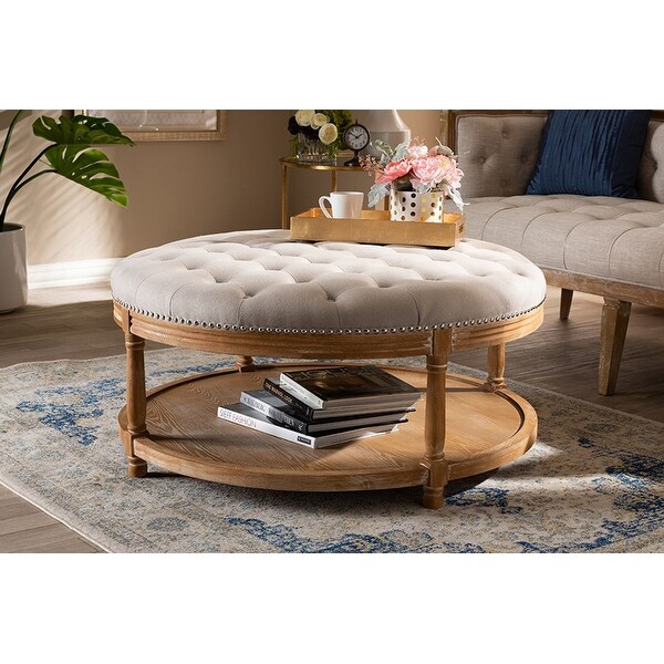 Lucas Beige Linen w/Oak Wood Button-Tufted Cocktail Ottoman with Shelf