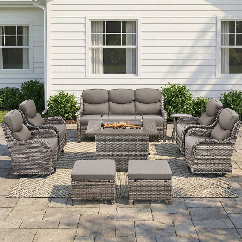 Pocassy Outdoor Fire Pit Sofa Swivel Chairs Conversation Set - Gray Wicker Gray Cushion - 9-Piece Sofa Swivel Chair Ottoman w/ Fie Table