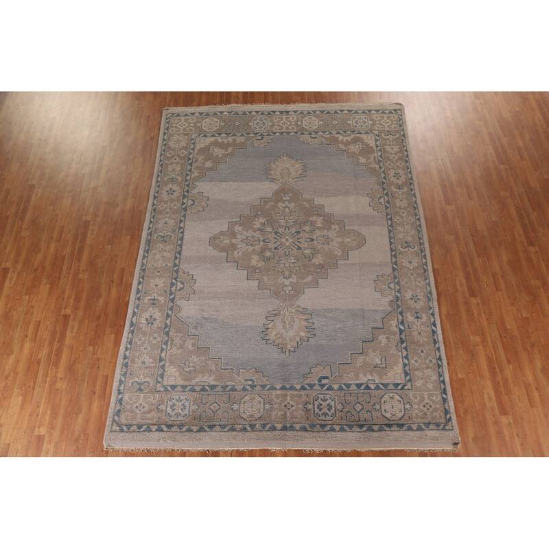 Geometric Oushak Style Area Rug Hand-knotted Oriental Wool Carpet - 8'9"x 11'9"