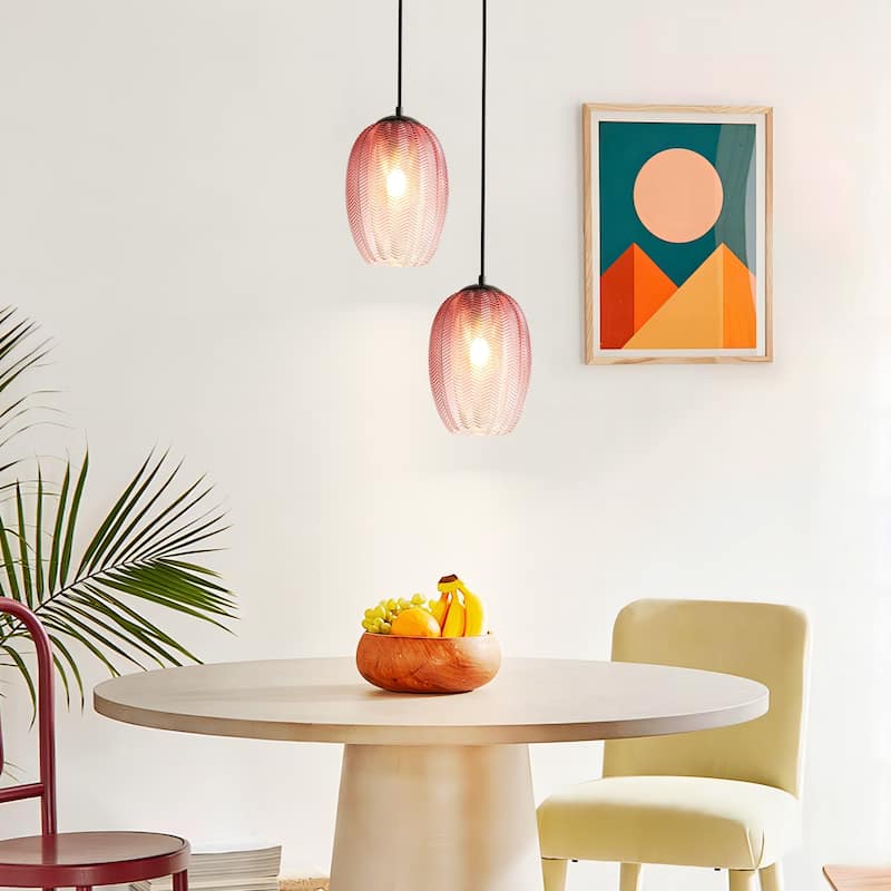1/3-Light Modern Black Cylinder Colored Textured Gradient Glass Pendant Light for Kitchen Island or Stairway