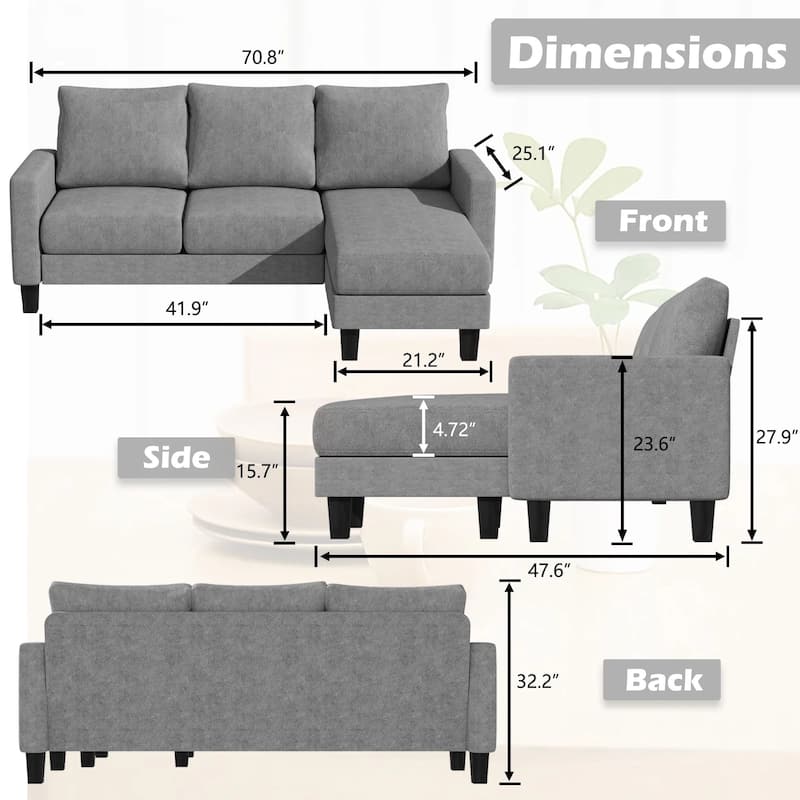 Furniwell Convertible Sectional Sofa Modern Linen Fabric L-Shaped Couch