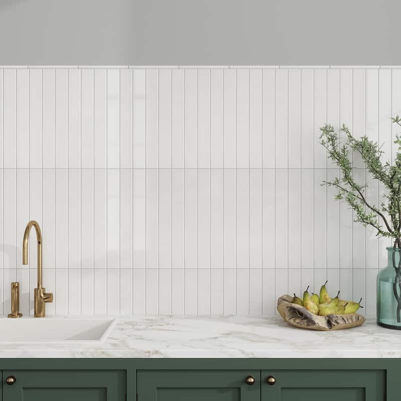 Apollo tile 0.5" x 8" Horizonte Glossy Snow White Ceramic Tile (0.27 sq ft/case) - 10 Pack