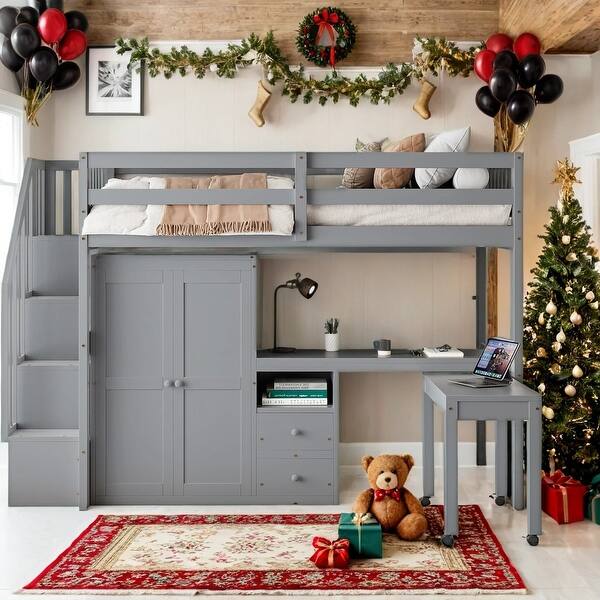 slide 2 of 57, Loft Bed with Storage Bookshelf,Kids Bed with Desk & Wardrobe,Twin Size Grey