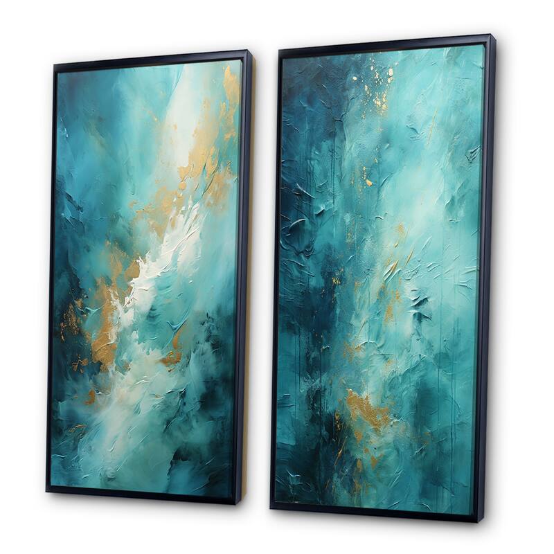 Designart "Turquoise Tranquility" Abstract Landscapes Framed Wall Art Set Of 2 - Green Gallery Set For Office Decor