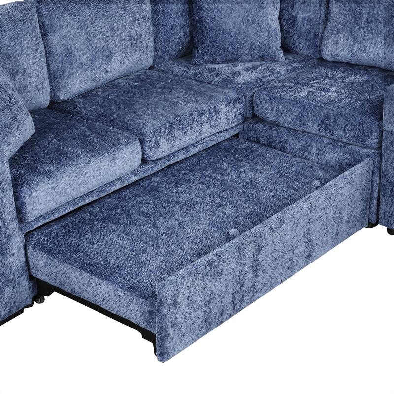 120.5" Chenille L-Shaped Convertible Sofa Bed with Pull-Out Bed, Storage Ottoman & Cup Holders