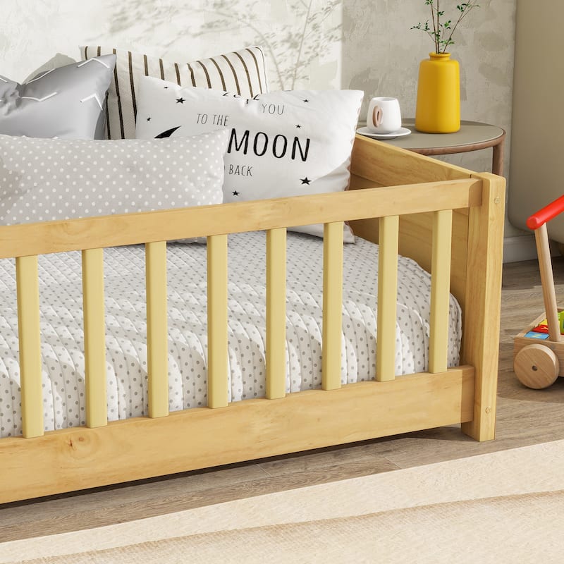 Twin Floor Bed with Built-in Bookcase Rubber Wood Low Profile Platform Bed