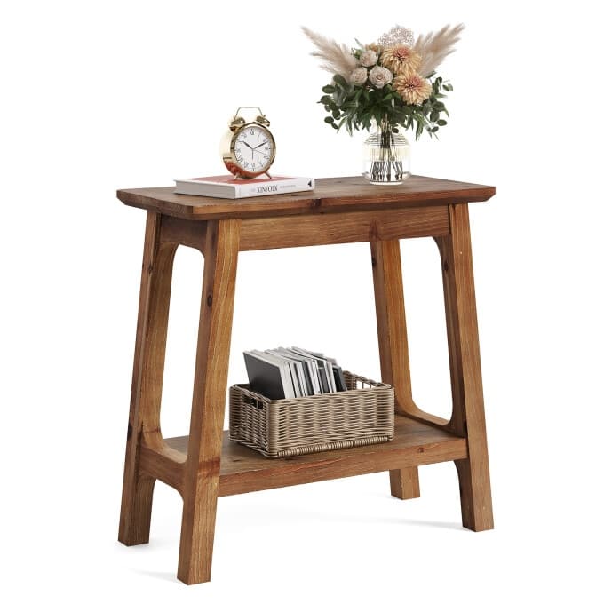 2-Tier Solid Wood End Table, Side Table for Living Room, Bedroom