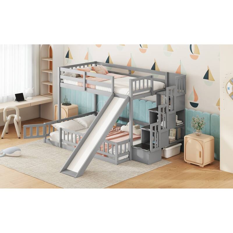 Roomfitters Twin Over Full Bunk Bed with Slide and Storage Staircase, Solid Pine Wood Bunk Bed with Guardrails