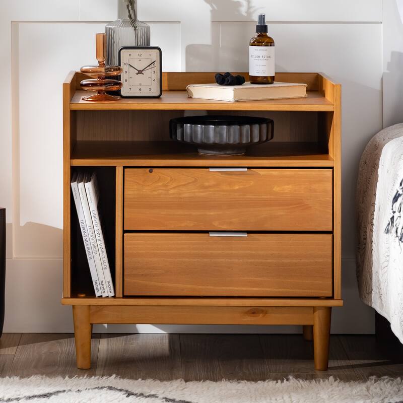 Mid-Century Modern Solid Pine Nightstand with Tray Top and Drawers