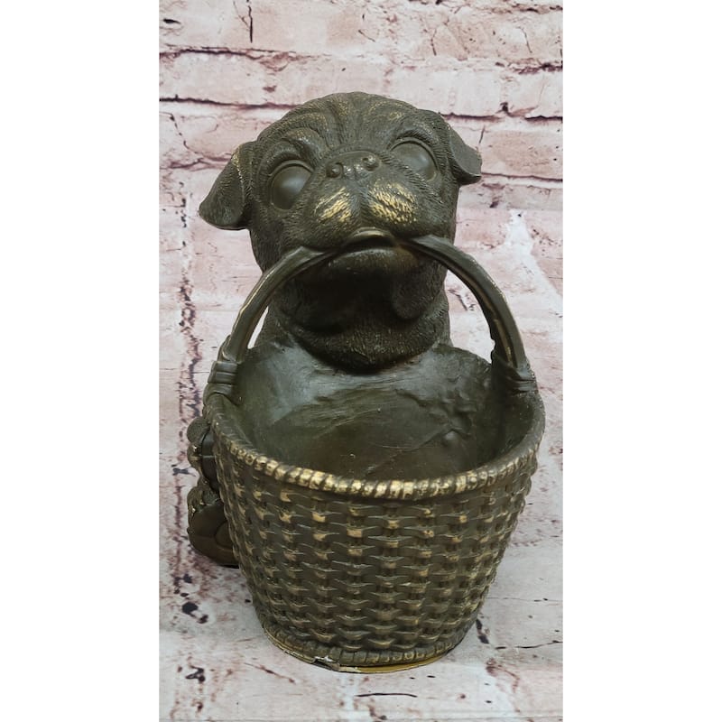 Bronze Pug Puppy Holding Woven Basket – Dog Figurine