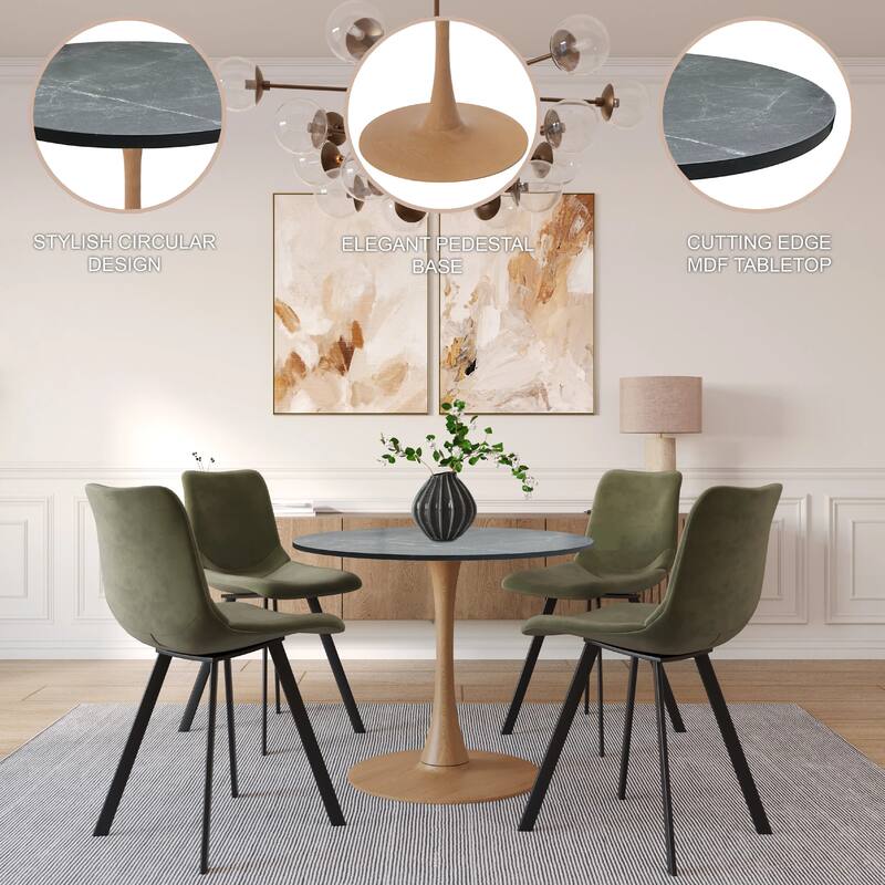 Bristol 27" Round Dining Table with MDF Top and Natural Wood Steel Pedestal Base for Modern Kitchen and Dining Room