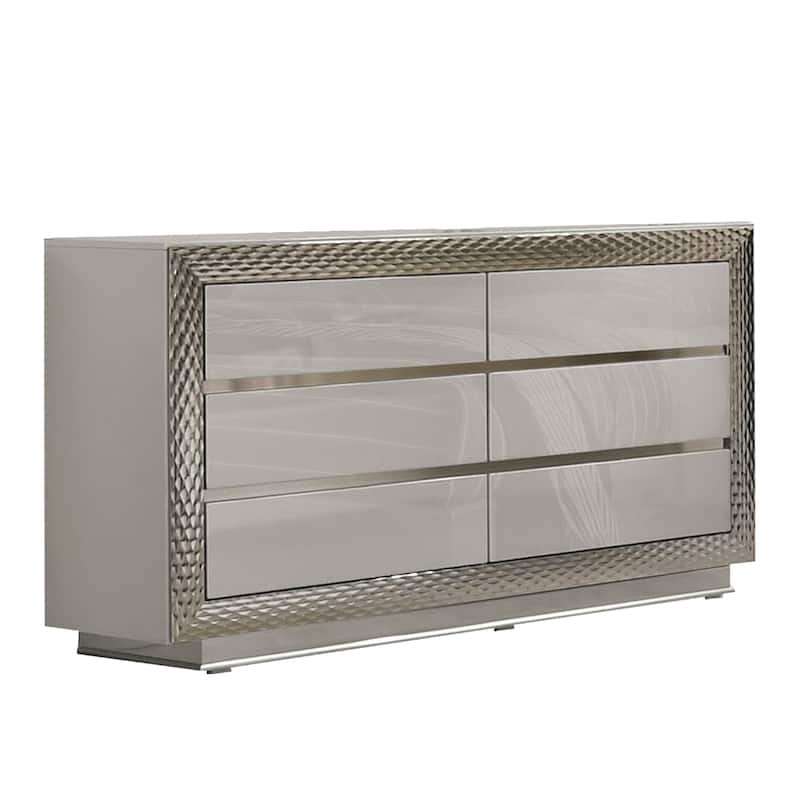 Vino 6 Drawer Wide Dresser, Gray Solid Wood, Silver Molding