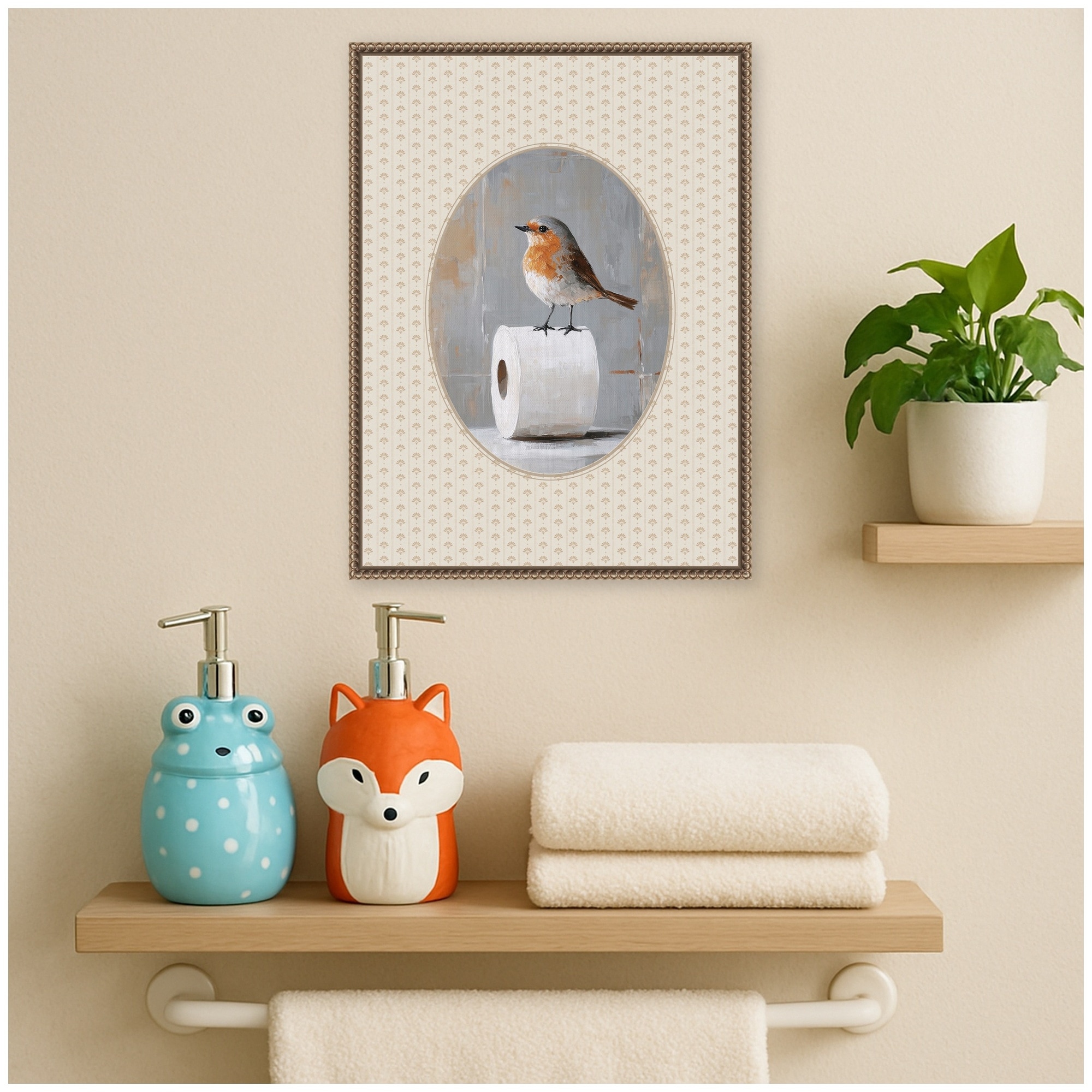 Kate and Laurel Bird & Toilet Paper Bathroom by The Creative Bunch Studio Framed Canvas Wall Art Print