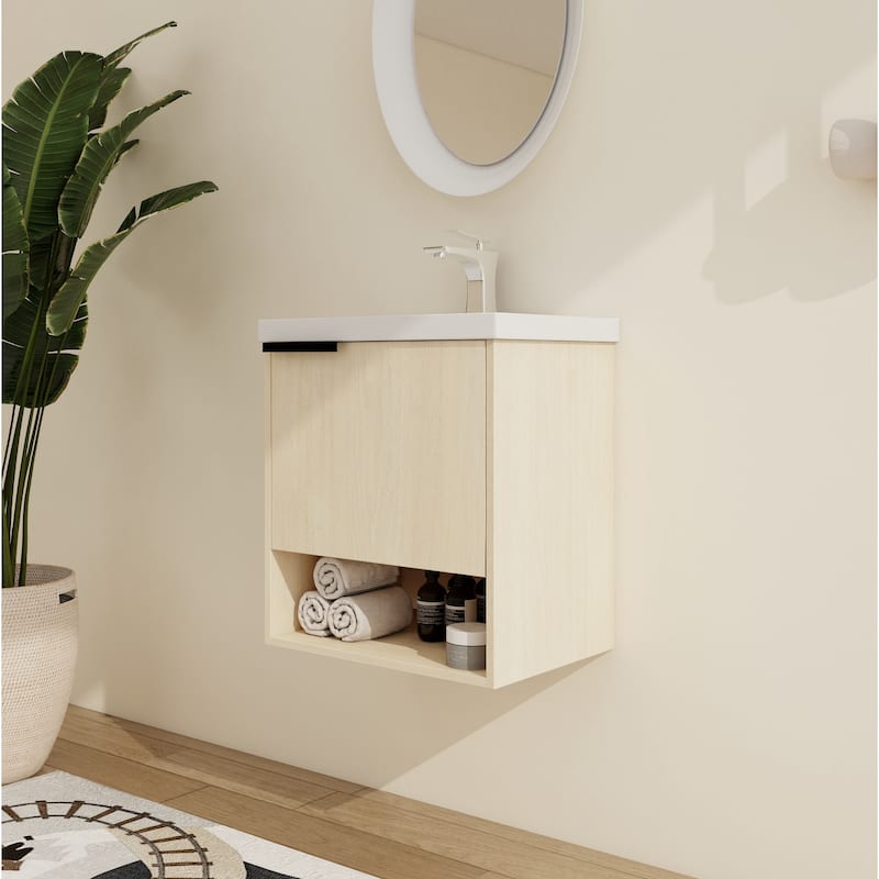 Malwee 16"/20" Floating Bathroom Vanity, Mini Wall Mounted Bathroom Vanity with Ceramic Sink and Soft Close Door