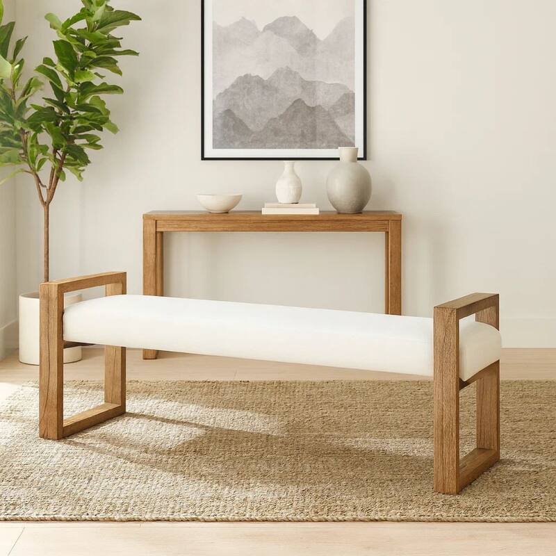 Rux 68 Inch Dining Bench, White Fabric Upholstery, Sled Legs, Brown Wood