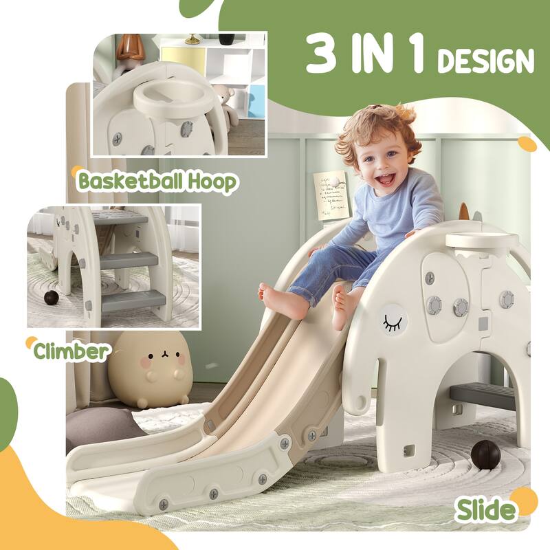 Cream White 3 in 1 Kids Slide Climber and Basketball Hoop Playset for Toddlers 1 to 3 Years - 64.2" L x 22.4" W x 29.5" H