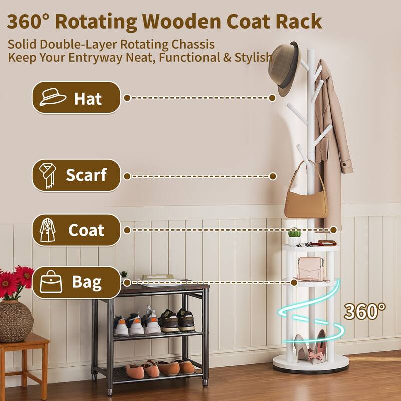 VECELO Modern Freestanding Coat Rack with 6 Branch Hooks Double Shelves, and Shoe Storage for Entryway Living Room Bedroom.