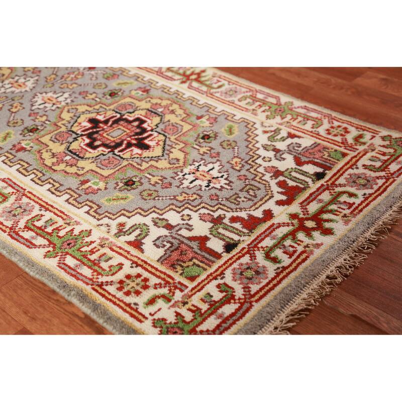 Hand Knotted Oriental 100% Wool Carpet Traditional Geometric Greys & Charcoal Heriz (serapi) Runner Rug - 7' 11'' X 2' 7''