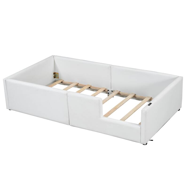 Twin Upholstered Platform Bed with Guardrail and Charging Station, White