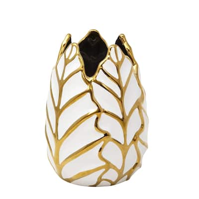 7.75" White and Gold Leaf Shaped Table Vase