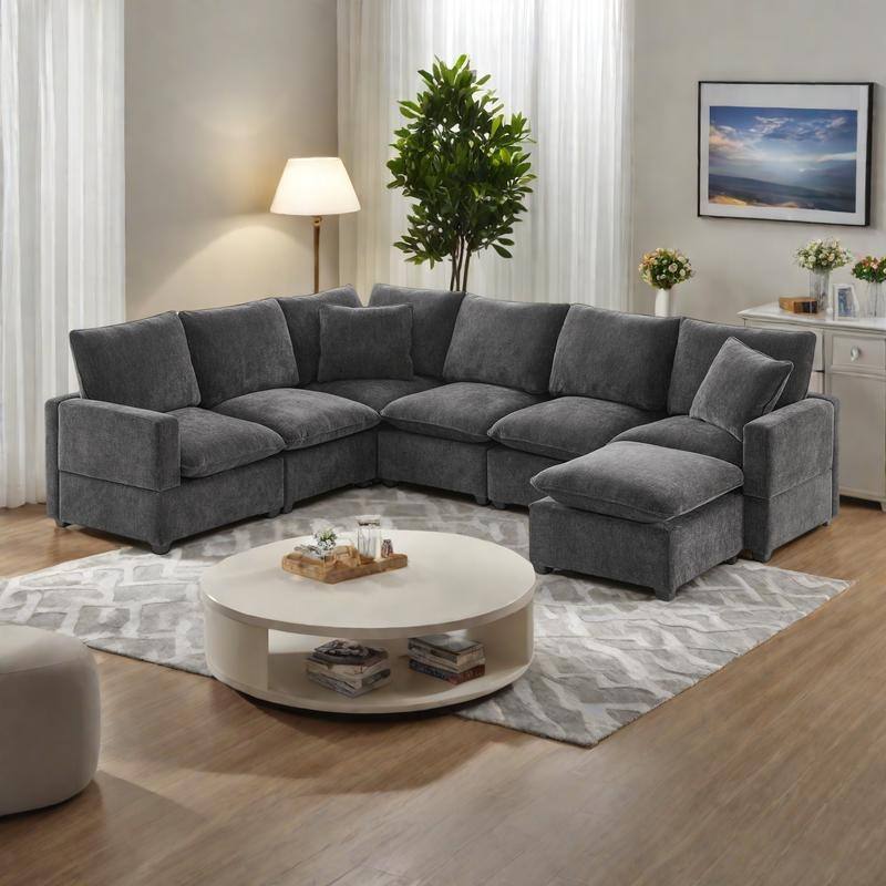 110" Chenille U-Shaped Modular Sofa with Ottoman and 2 Pillows, 7-Seater, 330lb Capacity