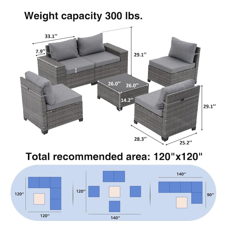 6-Piece 5 Person Patio Free Combination Wicker Conversation Set With Double Set Cushions Cover