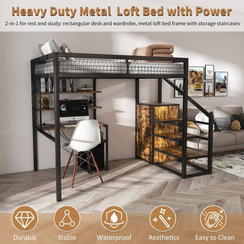 Full-Size Loft Bed /Desk & Wardrobe - Heavy Metal Frame, Built-In Staircase, Storage Rack & Shelves