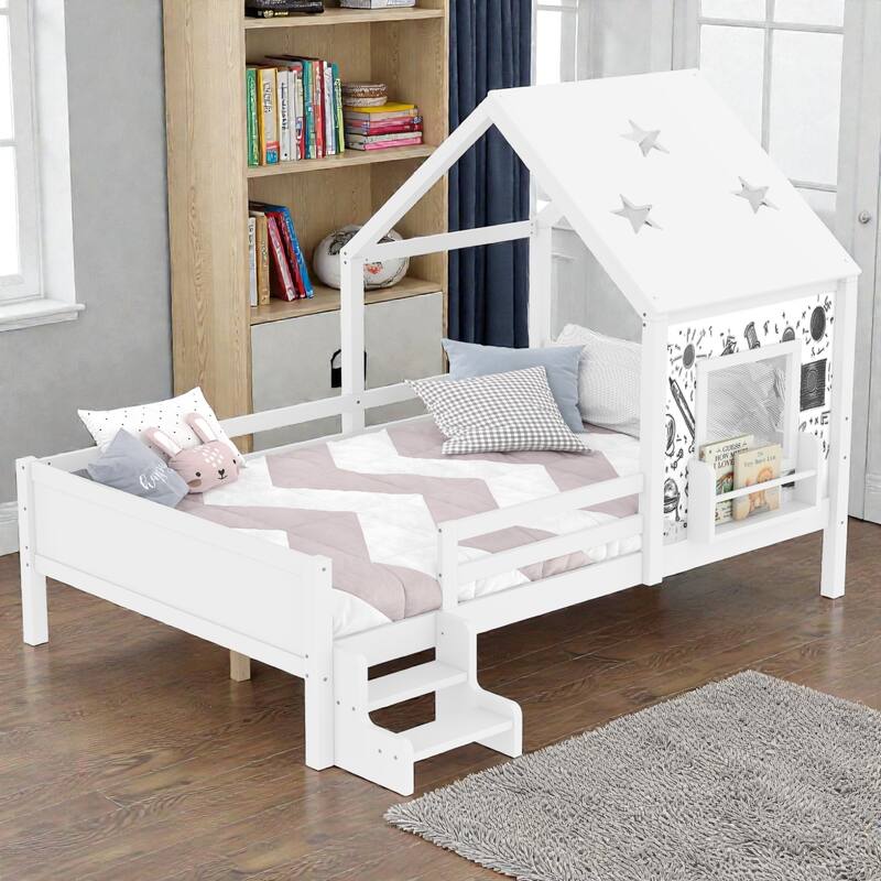 Kids House Platform Bed with Stairs, Star Roof, Window, Bookcase & Blackboard, Solid Wood Low Profile Bed No Box Spring