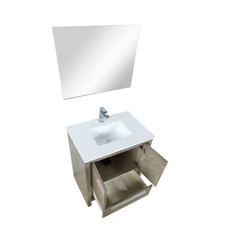 Lafarre 30 in W x 20 in D Rustic Acacia Bath Vanity, White Quartz Top, Brushed Nickel Faucet Set and 28 in Mirror